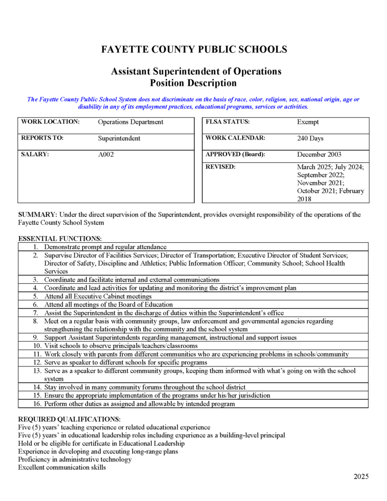 Job Announcement – Assistant Superintendent of Operations