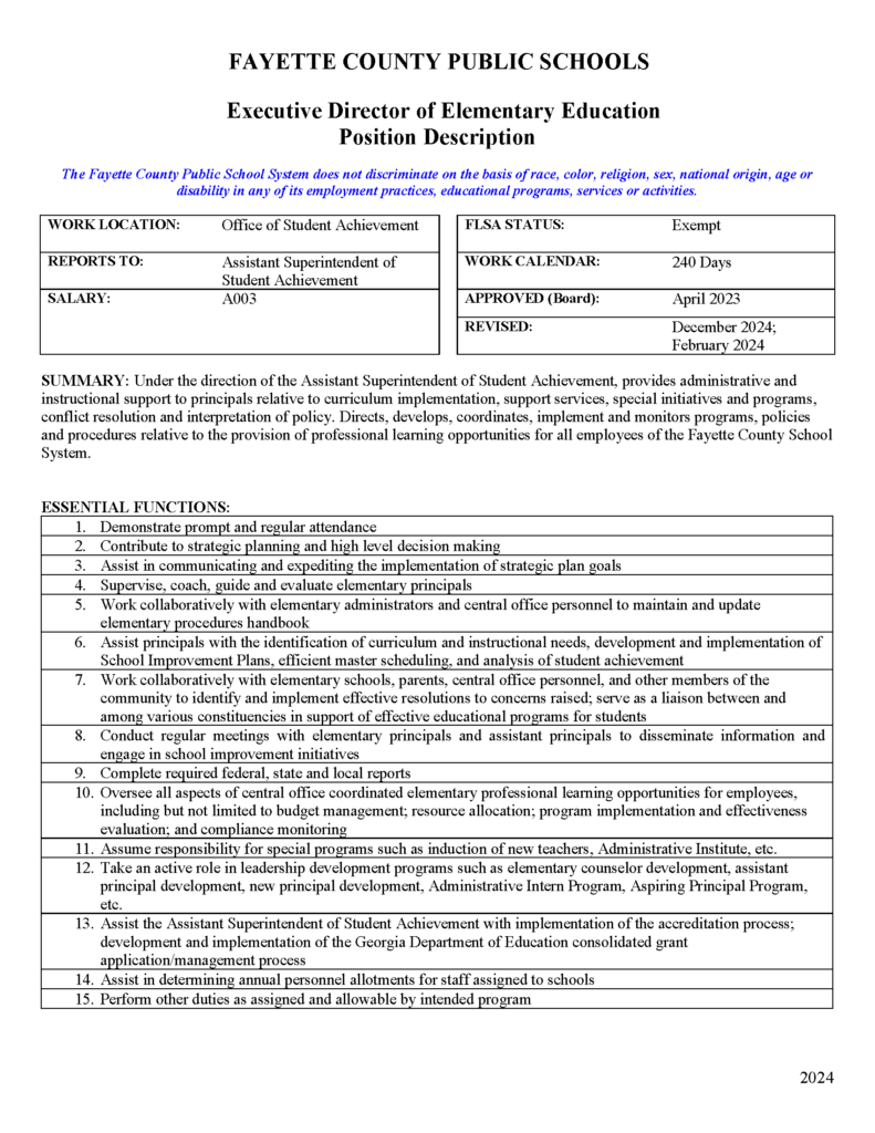Job Announcement – Executive Director of Elementary Education