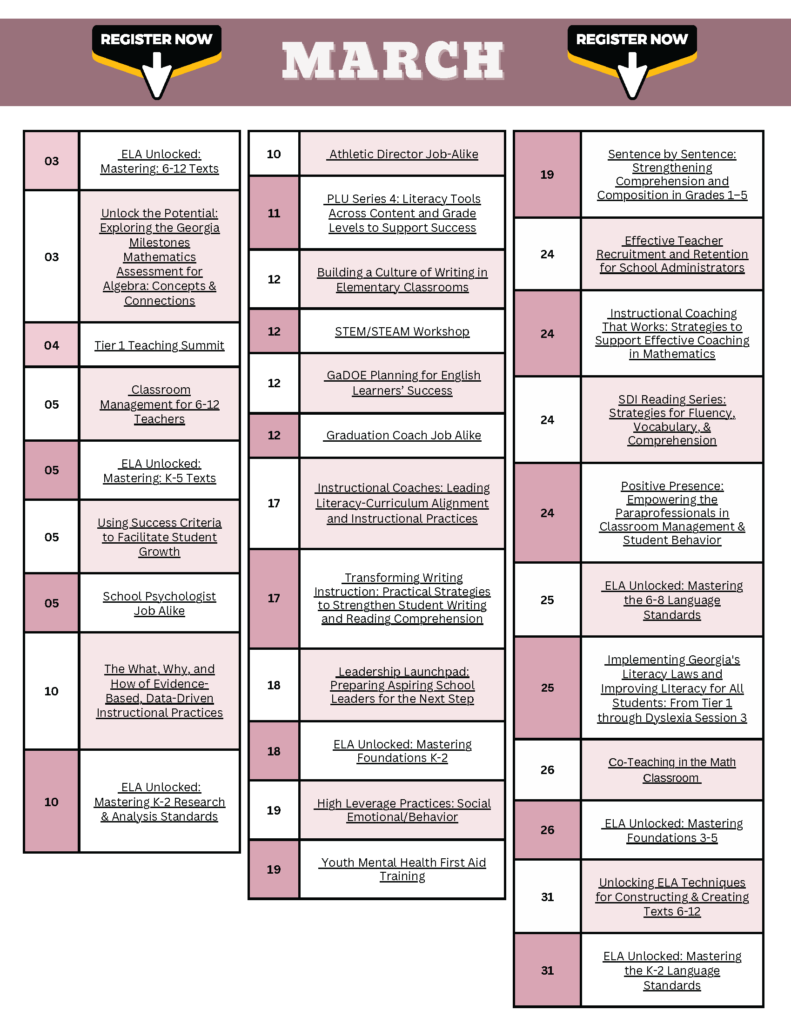 March Class List….Share with others