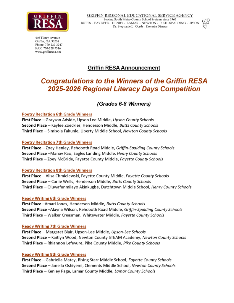 Congrats to the 2026 Regional (Grades 6 – 8) Literacy Day Competition Winners