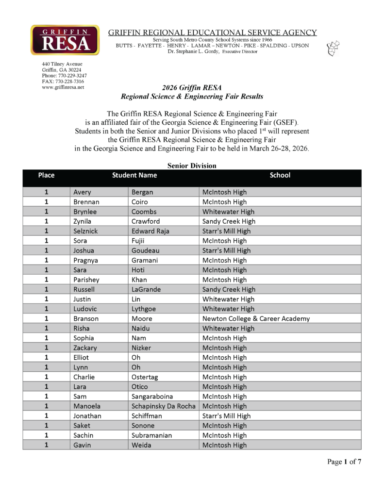 Congrats 2026 GRESA Regional Science & Engineering Fair Winners