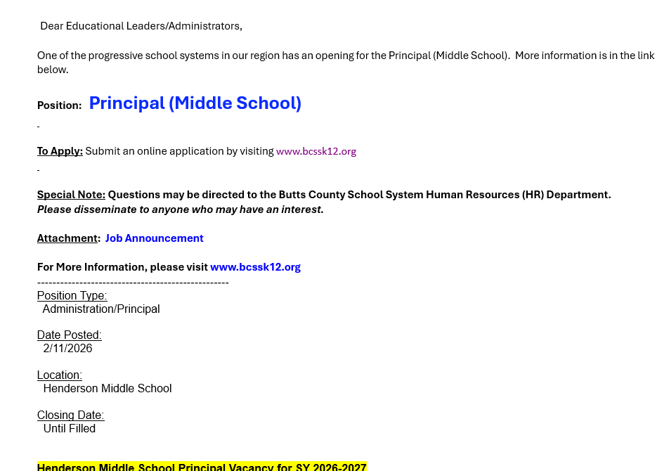 Job Vacancy – Principal (Middle School)