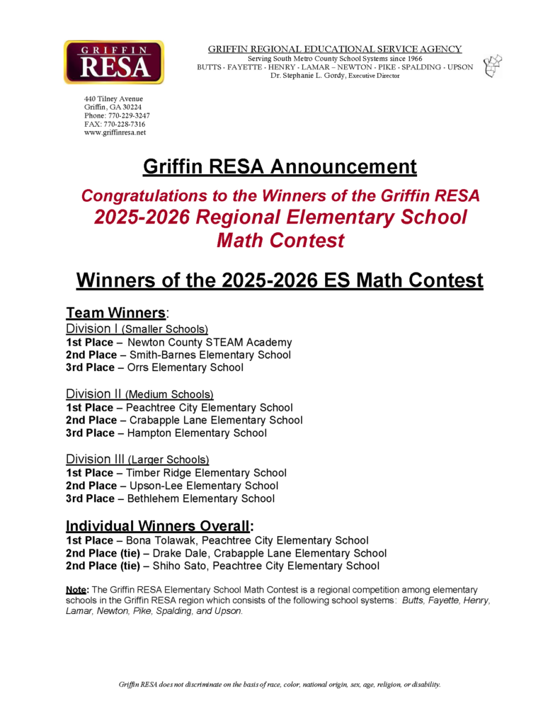 Congrats to 2026 Regional ES Math Competition Winners