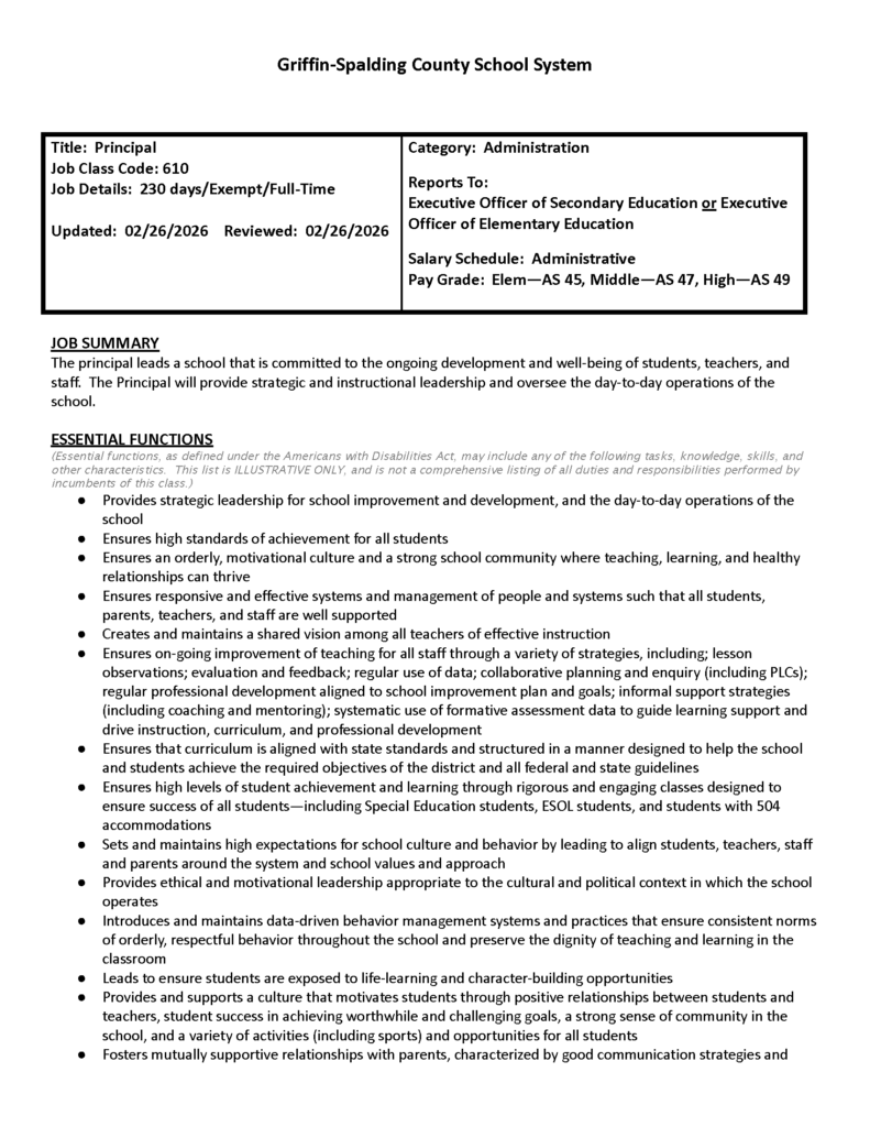 Job Vacancy – Principal (High School)