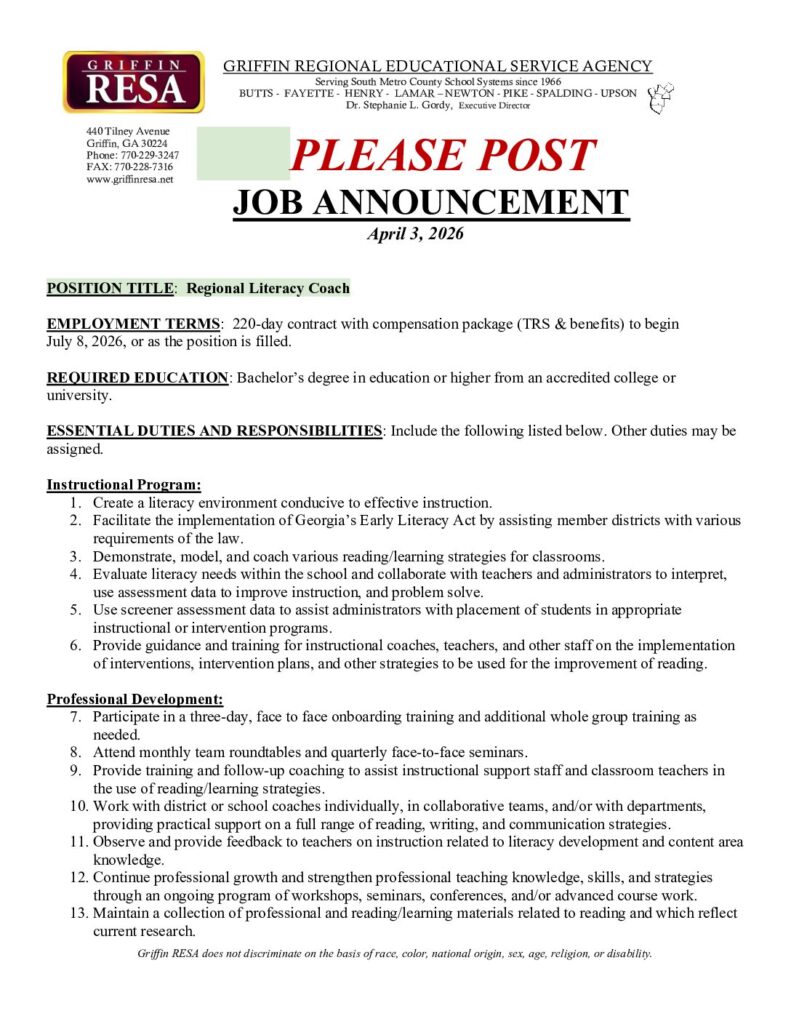 Job Announcement: RESA Regional Literacy Coach