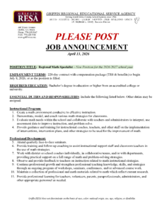 Job Announcement – Regional Math Specialist (new position for 2026 -2027)