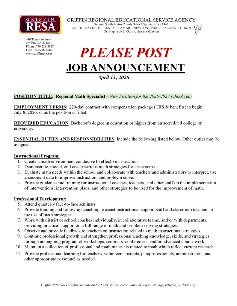 Job Announcement – Regional Math Specialist (new position for 2026 -2027)