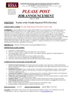 Job Announcement – Regional Teacher of the Visually Impaired (Part-time)