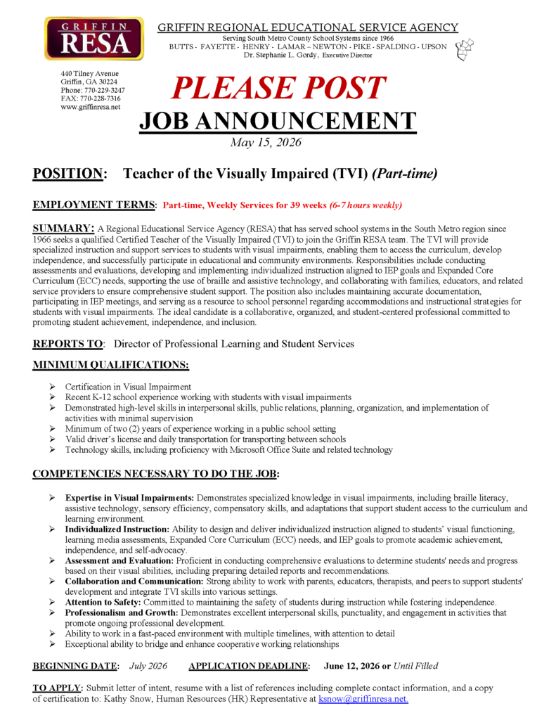 Job Announcement – Regional Teacher of the Visually Impaired (Part-time)