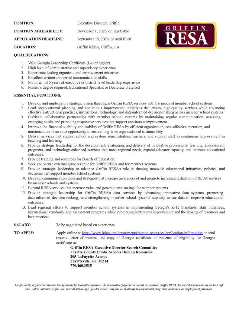 Job Announcement: RESA Executive Director